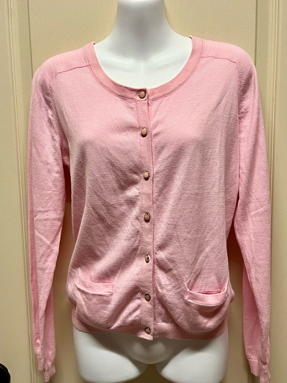 Laura Ashley Soft Pink Button-Front Cotton Silk Cardigan Sweater size Small